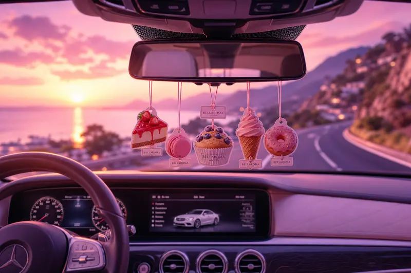 Sugar Whip Scents air fresheners hanging in a luxury car
